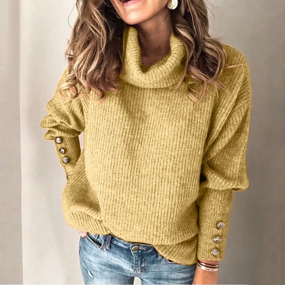 

Womens Sweaters 2021 Fashion Women's Turtleneck Pullover Button Long Sleeve Loose Knitted Sweater Tops For Women 5XL