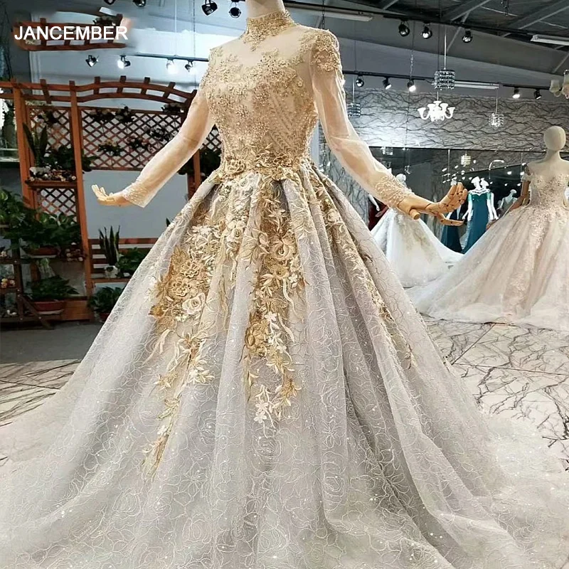 LS855111 shiny golden lace long evening party dresses tulle sleeves high neck elegant mother of the bride dress real price|Вечерние
