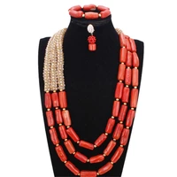 dudo bridal jewelry set 12 13mm nature coral beads crystal gold necklace set 3 layers orange red green african wedding set