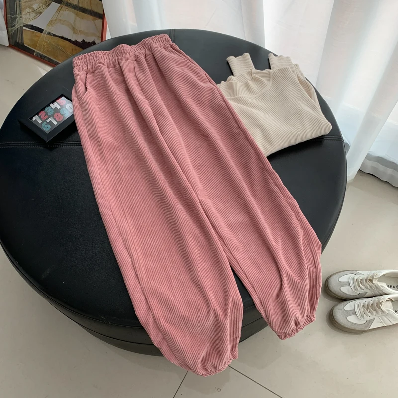 

KUSAHIKI Causal Harem Pants Korean Corduroy Stretch High Waist Long Trousers 2021 Spring New Solid Women Pants Mujer 6F254