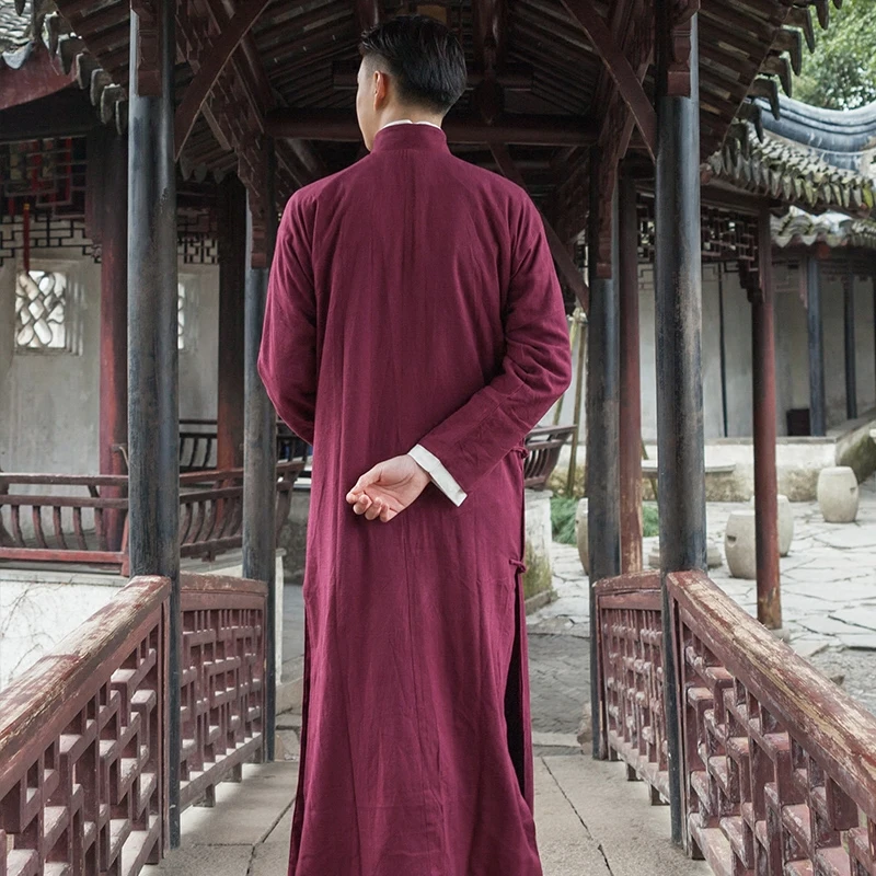 

Traditional Chinese clothing Deep red robe costume men cotton and linen gown Chinese performance costumes cross talk costume