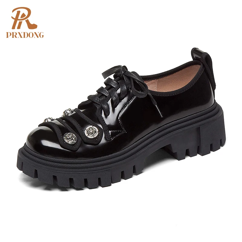 

Genuine Leather Shoes Women Pumps Platform Shoes Square Heels Lace Up Spring Autumn Ladies Dress Casual Punk Shoes Woman Pumps
