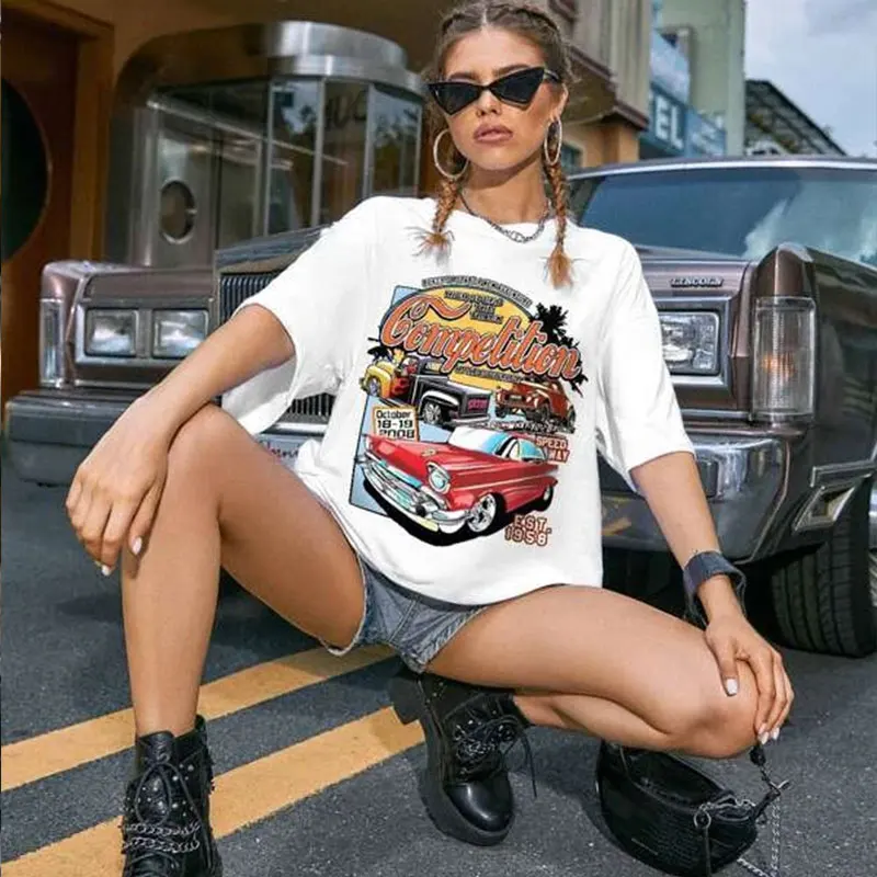 sunfiz YF DreamCar Women Tshirt Hawaii Graphic T-shirt Car Print Short Sleeve Oversized Top Summer Harajuku Ladies | Женская одежда