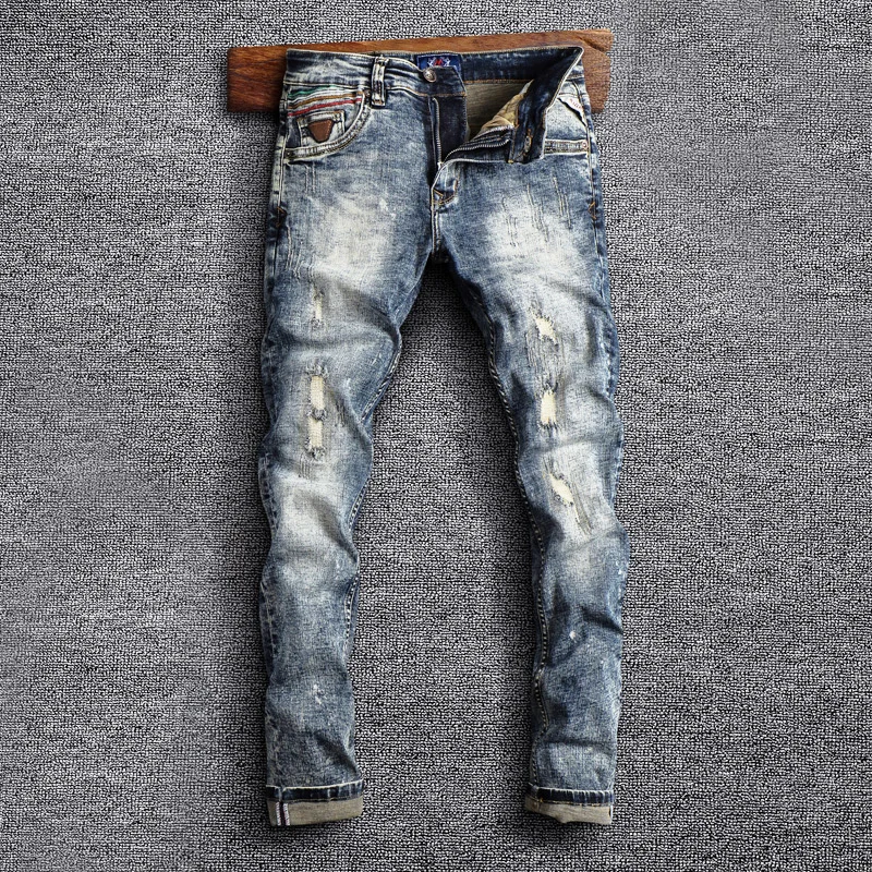 

Street Style Fashion Men Jeans Distressed Wash Retro Gray Blue Elastic Slim Fit Ripped Jeans Men Vintage Designer Denim Pants