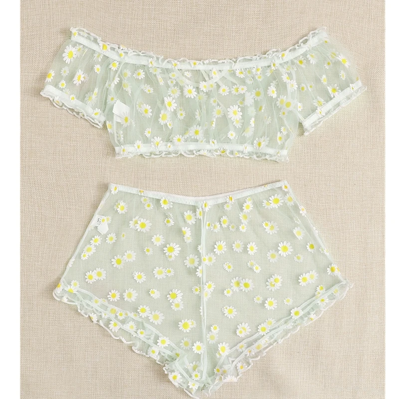 Sweet Sexy Floral Off Shoulder 2Pcs Sets See Through Lingerie Women Transparent Tops Shorts Panties Babydoll Sleepwear | Женская одежда