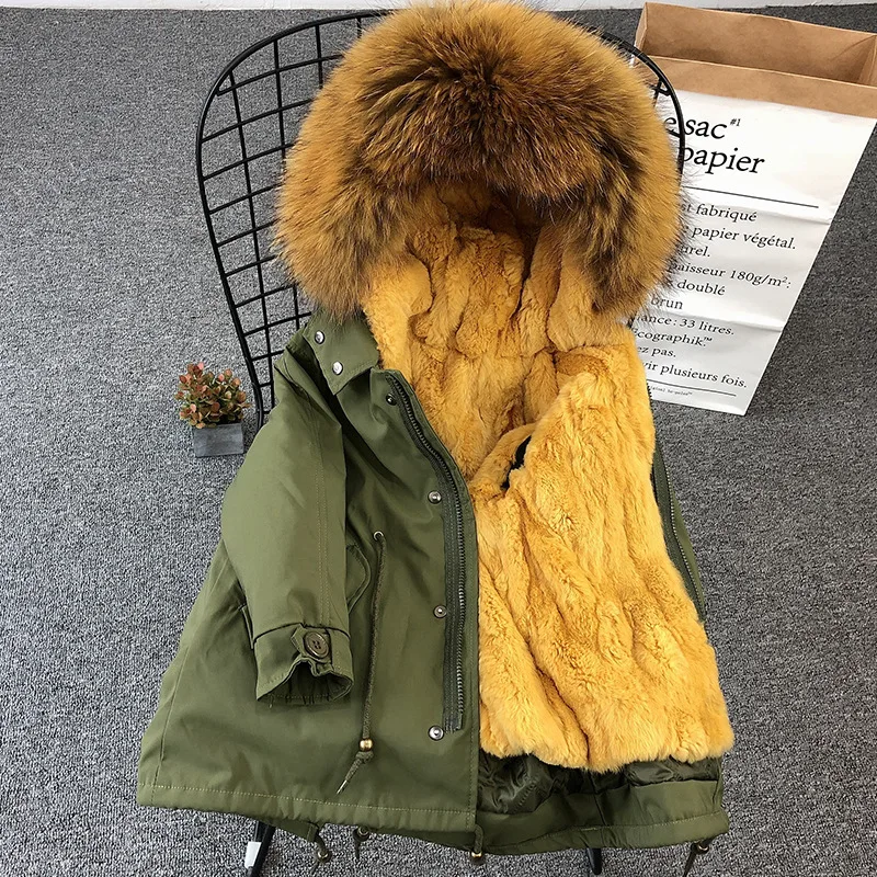 green yellow fur Детская одежда зимняя парка с натуральным мехом енота, большой пуховик с капюшоном из меха кролика рекса для девочек, зимняя куртка - Цвет: green yellow fur