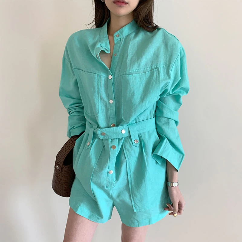 SHENGPALAE Cargo Pants Long Sleeve Women Korean Chic Short Jumpsuit Lace-up Waist Slimming Long-sleeved Tooling Overalls Rompers |