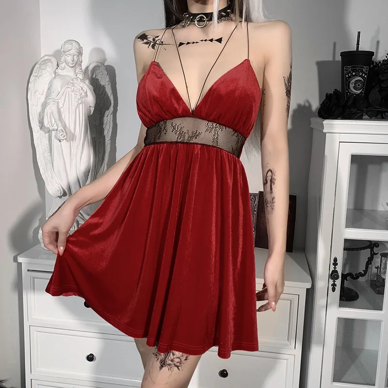 

Summer deep V-neck backless lace stitching sexy dress women