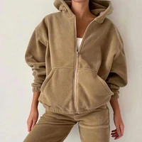 casual women fleece hoodie two piece sets hooded zipper outerwear and harem pant suit autumn winter fashion streetwear tracksuit