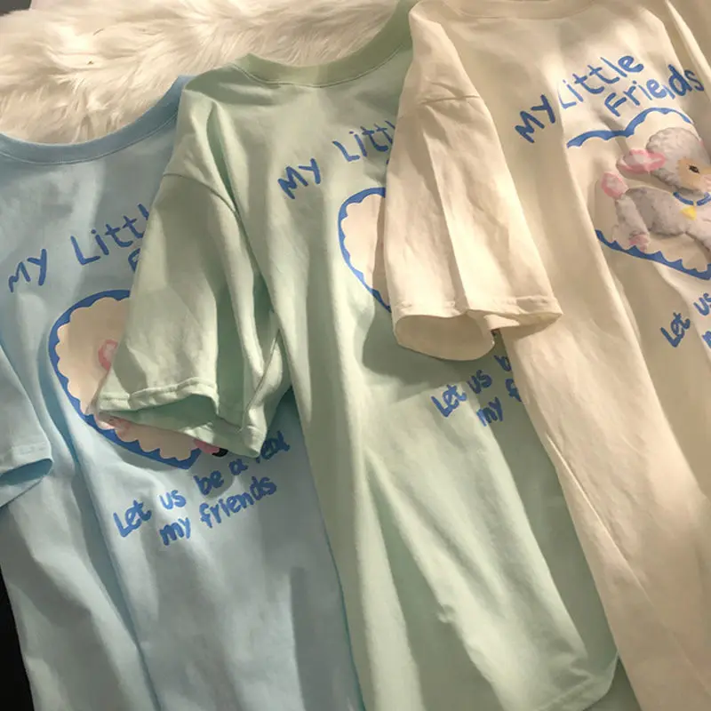 Футболка женская с коротким рукавом свободная простая нежная мультяшным принтом