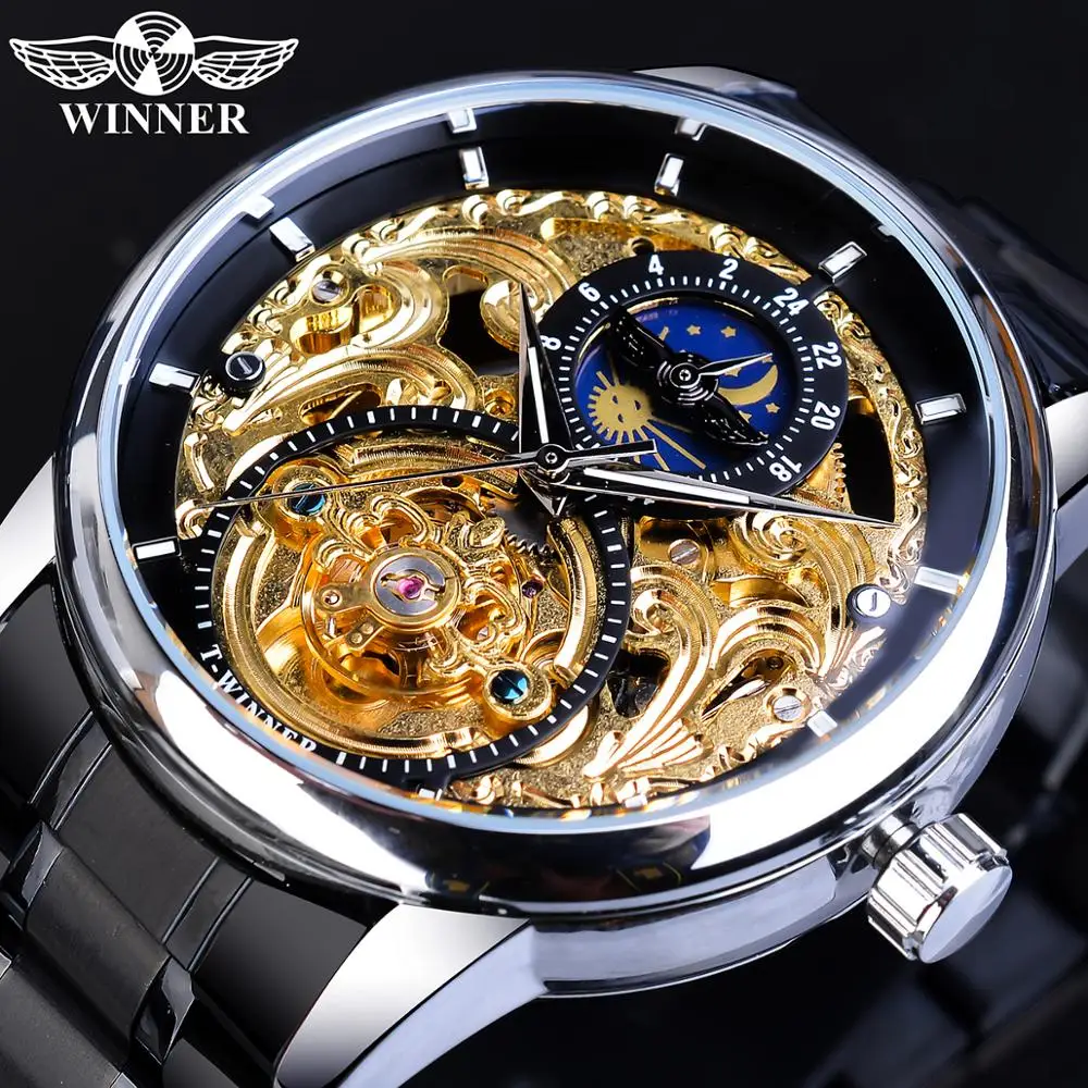 Winner Skeleton Business Man Wristwatches Automatic Mechanical Stainless Steel Moon Phase Tourbillon Waterproof Montre Homme