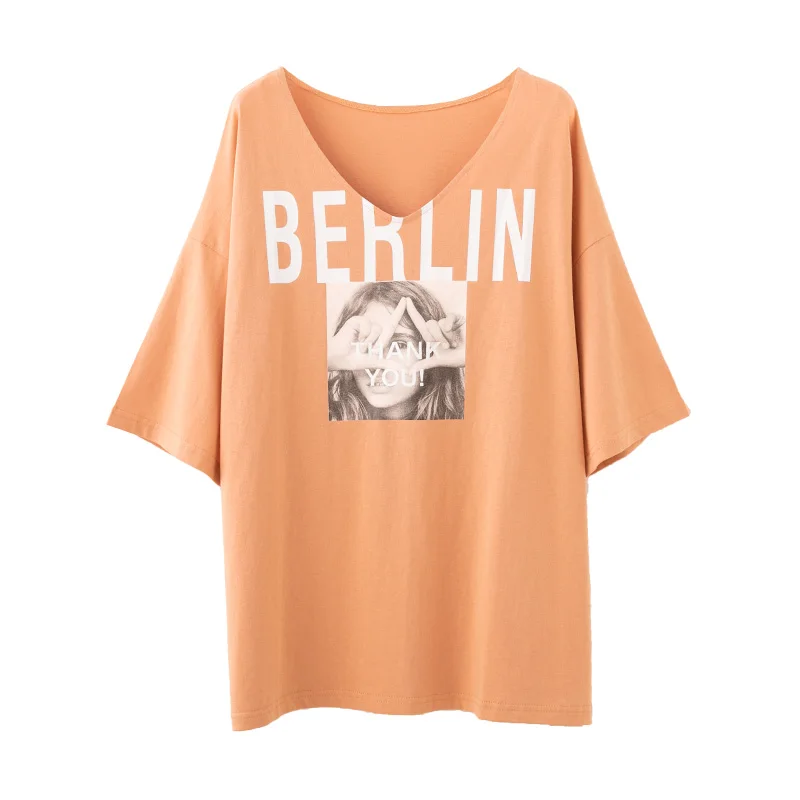 

Large size half sleeve T shirt women's summer 2021 new Korean version loose medium and long V-neck short sleeve women's Instagra