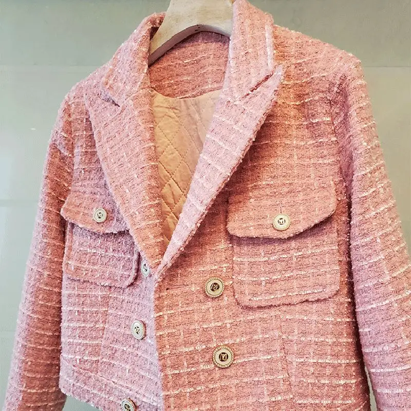 

Outwear Elegant Vintage Wool Coats Designer Plaid Tweed Jackets Women Notched Long Sleeve Autumn Winter