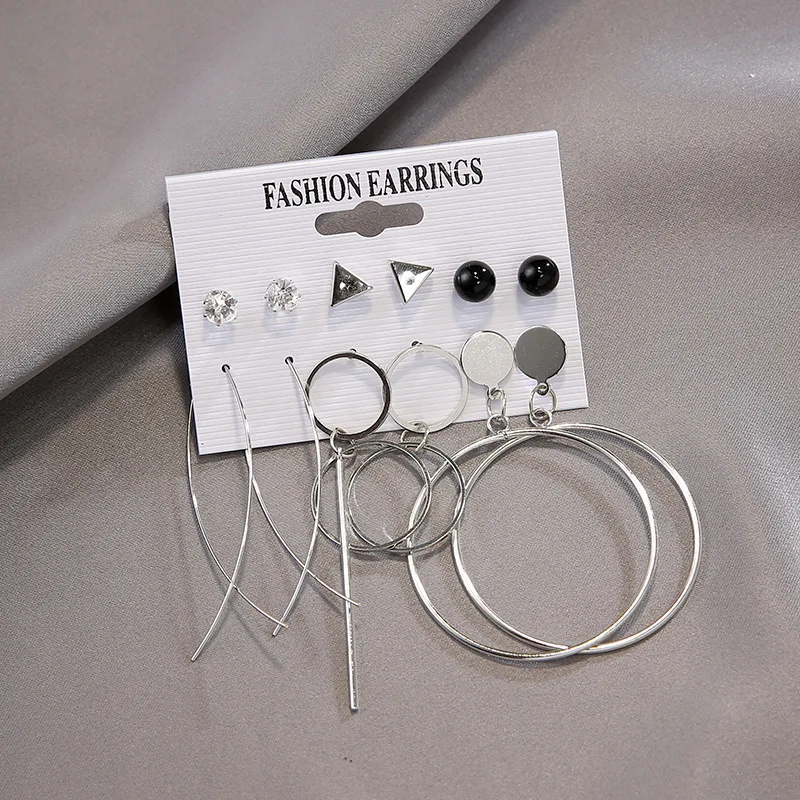 

Hot sale earrings acrylic faux pearl geometric circle flashing diamond tassel earring set piece set wholesale jewelry