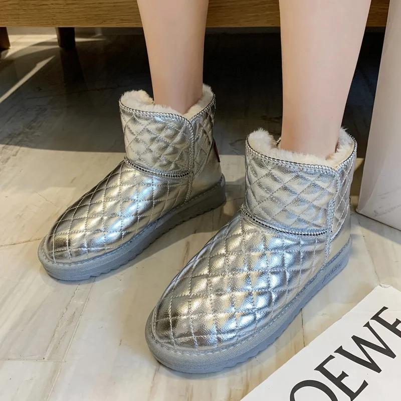 

Теплые ботинки для женщин, модные зимние ботинки из искусственной кожи без застежек, Короткие Плюшевые однотонные элегантные женские ботил...