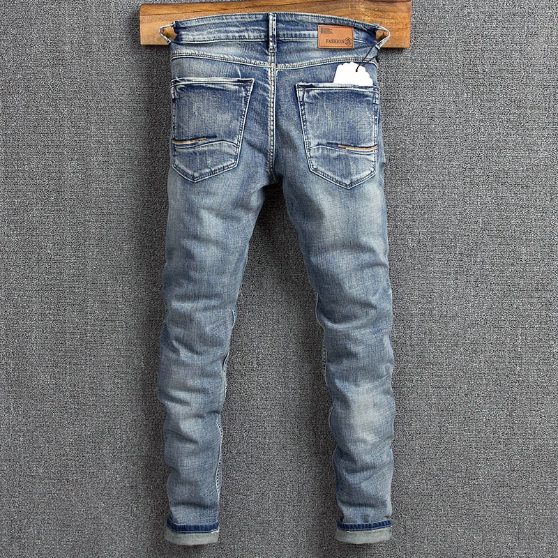 

Fashion Streetwear Men Jeans Retro Blue Patchwork Destroyed Ripped Jeans For Men Designer Elastic Cotton Slim Fit Hip Hop Pants