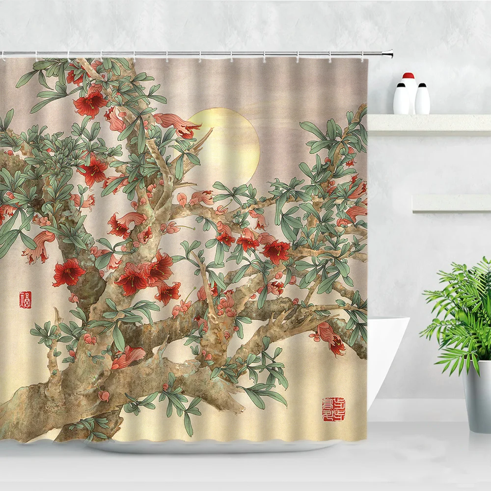 

Chinese Style Waterproof Fabric Bathroom Curtains Natural Flowers Bird Parrot Pattern Modern Bathtub Decor Screen Shower Curtain