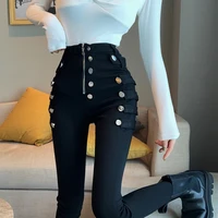 2020 spring autumn new fashion jeans women double breasted decoration high waist black elastic slim casual pencil pants kz886