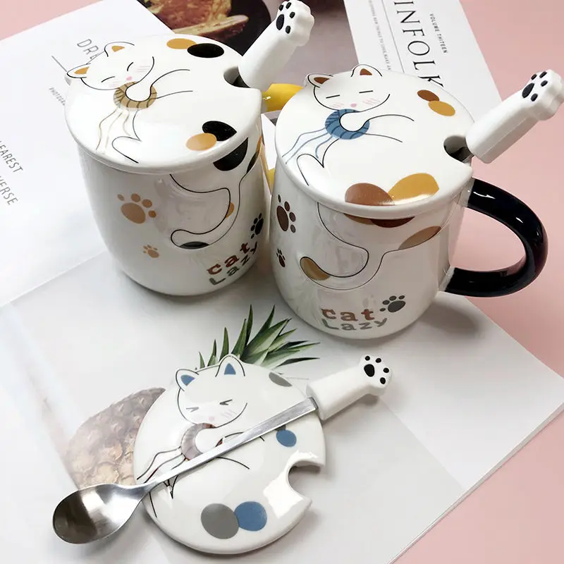 

Korean Style Cute Cartoon Porcelain Mug Breakfast Coffee Milk Cup Household Kedicat with Cover Spoon Cat Cup Female Student