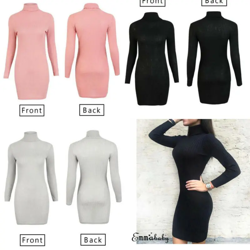 Elegant Women High Neck Slim Knitted Solid Mini Dresses Fashion Basic Long Sleeve Winter Autumn Warm Sweater Bodycon | Женская одежда