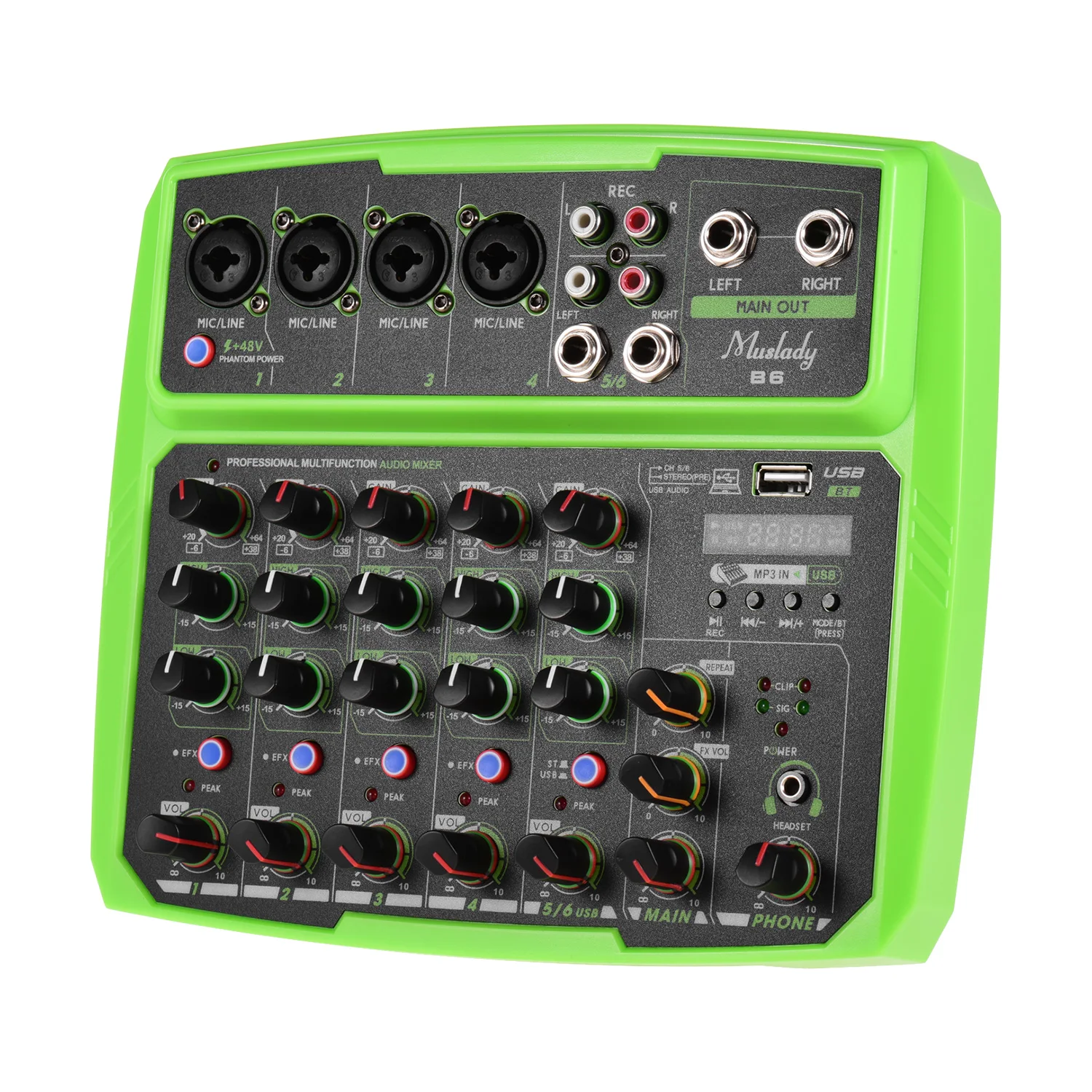 

Портативный 6-канальный микшер Muslady B6, USB-микшер с поддержкой BT-подключения со встроенной звуковой картой и фантомным питанием 48 В