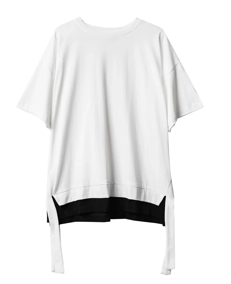 

Men Black White Splice Ribbon Short Sleeve Loose T-shirt Male Women Streetwear Hip Hop Casual Tees Shirts