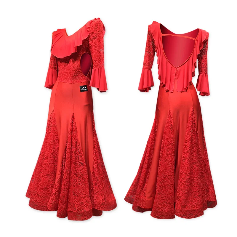 Женское платье для бальных танцев красное Венского вальса бальное с трико костюм