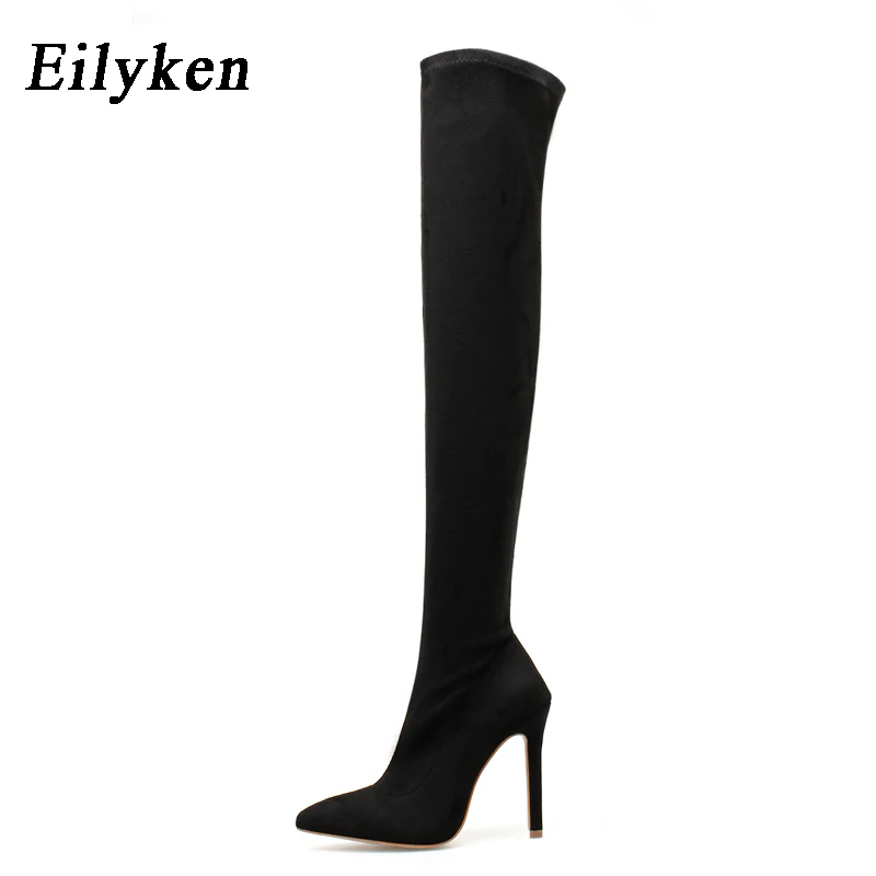 Flock Black Eilyken/женские модные ботфорты выше колена; высокие сапоги из змеиной кожи; сапоги на высоком тонком каблуке с острым носком на молнии; коллекция года; сезон зима - Цвет: Flock Black
