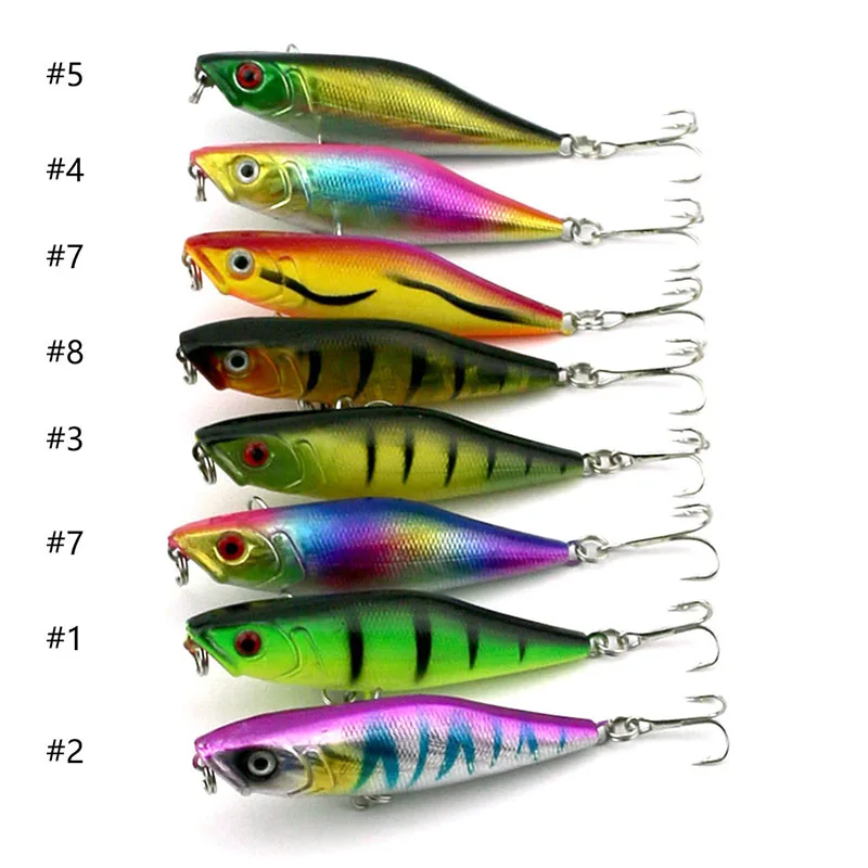 

8pcs/set Artificial Popper Simulation Plastic Hard Bait 3D Eyes 6#With Sharp Hook7.5cm/7.5g Wobblers Durable Bionic Bait Fishing