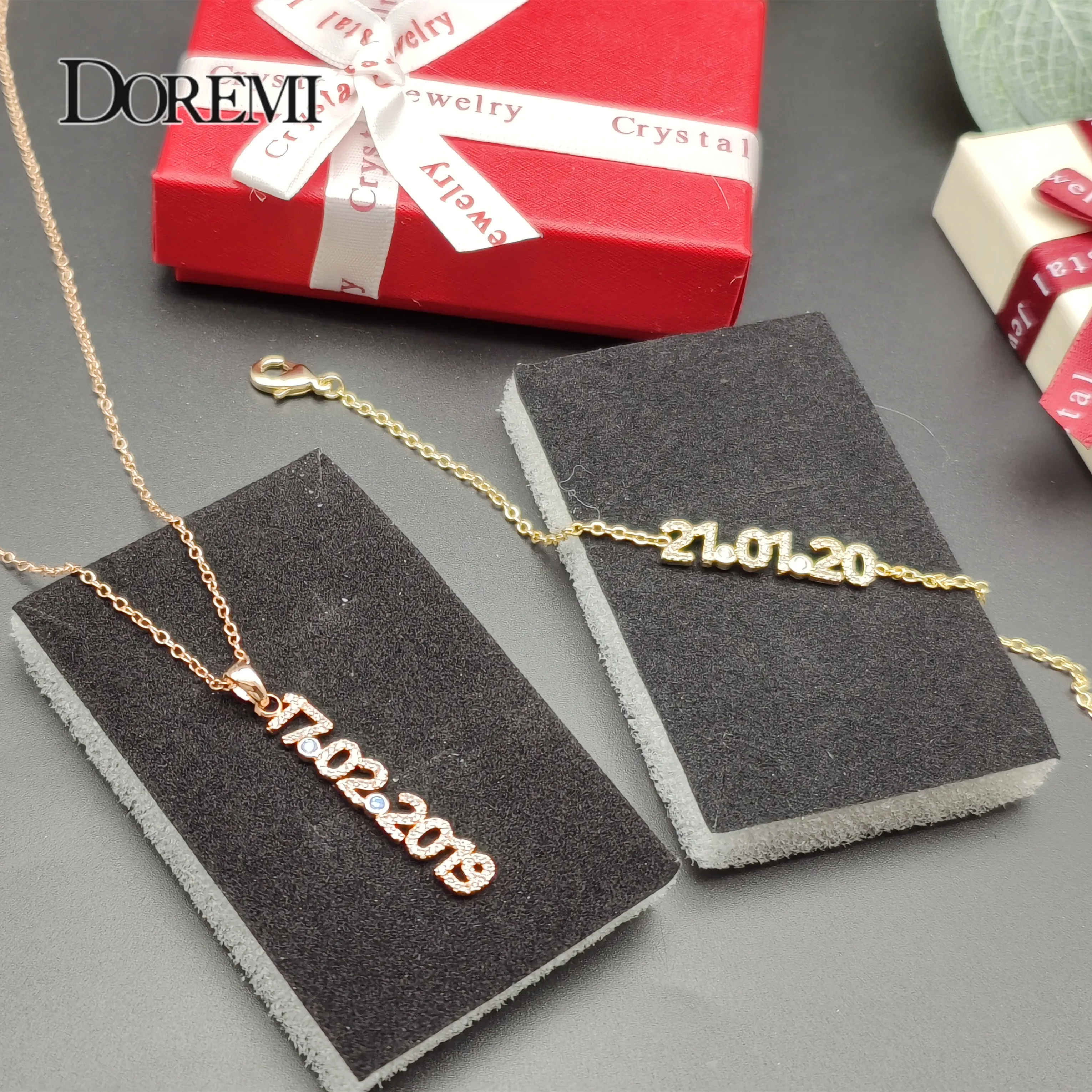 DOREMI Sterling Silver Crystal Name Necklace Save Date Number Bracelet Women Fine Jewelry