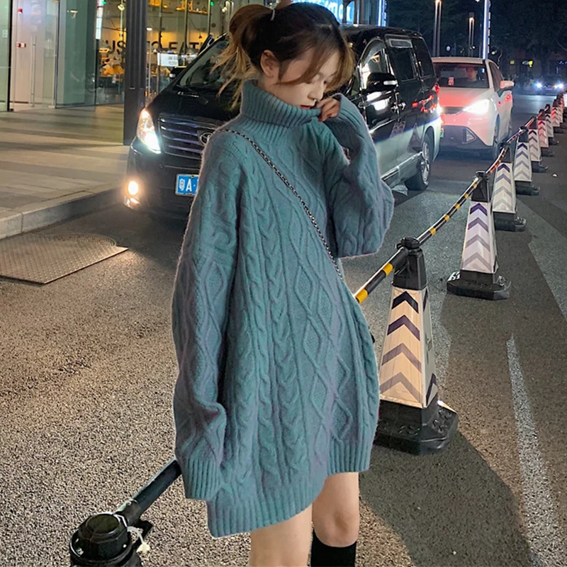 

Women's Korean Style Long Sweaters Solid Turtleneck Ladies Casual Jumper Thick Autumn Winter Loose Knitted Tops for Female