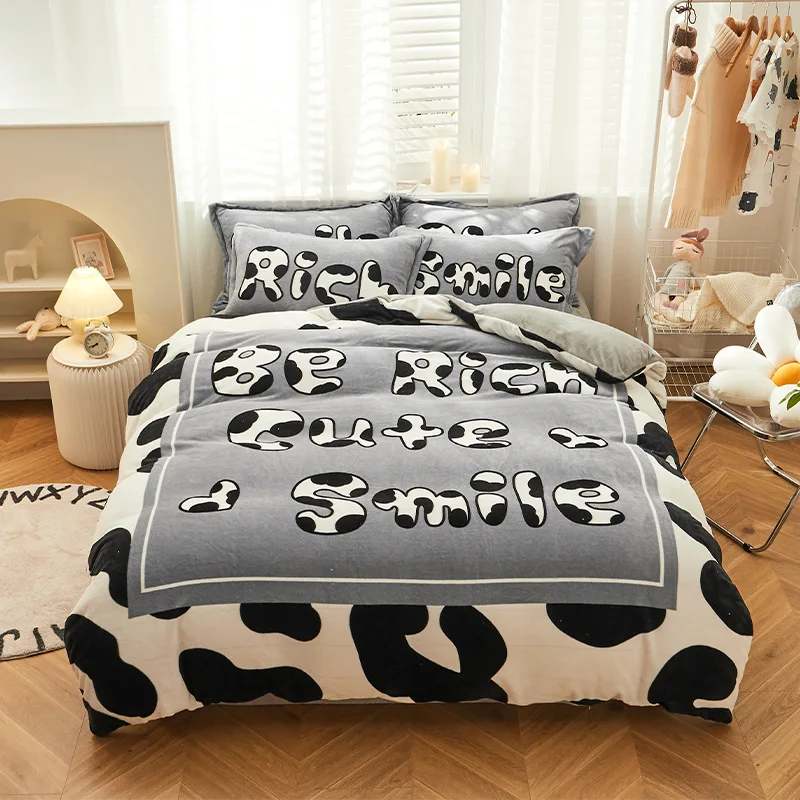 

Cows Print Children Bed Cover Set Winter Warm Fleece Cartoon Bedding Set Twin King Comforter Quilt Duvet Cover Set Students Bed