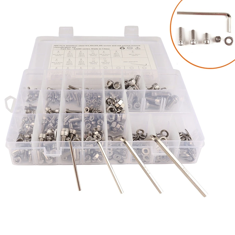 

400 Pcs / Set of M3M4M5M6 Screw and Nut Kits, Set of Stainless Steel Hexagon Head Hexagon Socket Screws and Nuts Combined Hexago