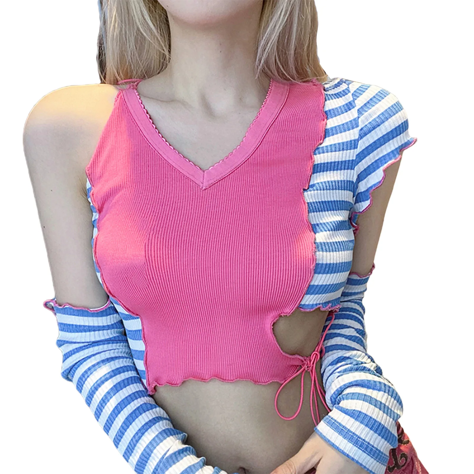 

Женский укороченный топ с вырезом Y2k, летние топы с коротким рукавом и V-образным вырезом, цветная трикотажная кофта в рубчик с рукавами-коло...