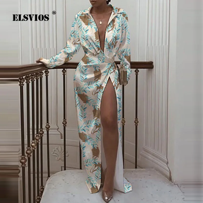 

Женское Повседневное платье макси с разрезом, элегантное осеннее платье с отложным воротником, длинным рукавом и цветочным принтом, сексуа...