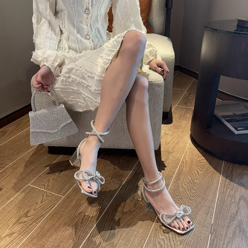 

2021korean Style New Fashionable Chunky Heel Rhinestone High Heel Shoes Fairy Style Ins Trendy Women's Sandals