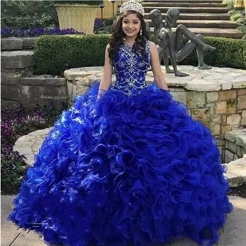 

Tiered Cascading Ruffles Royal Blue Quinceanera Dresses Jewel Neck Crystal Organza Sweet with Free Fee Crown Vestidos15 Years D