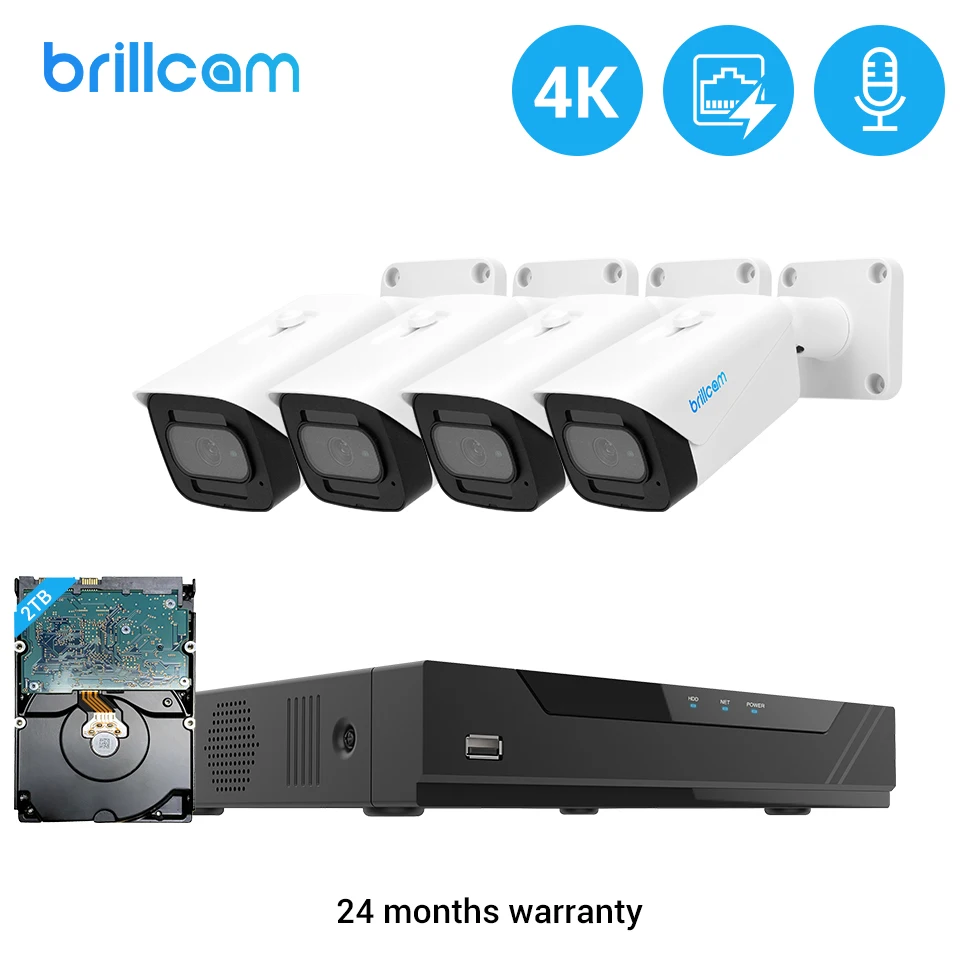 Система видеонаблюдения Brillcam 8 каналов 4K POE NVR H.265 Мп уличная Водонепроницаемая IP