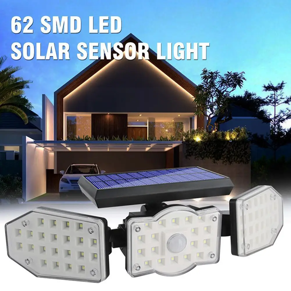 

Наружная Светодиодная лампа с датчиком движения на солнечной батарее, 3 головки, светодиодная лампа безопасности, настенная лампа с датчико...