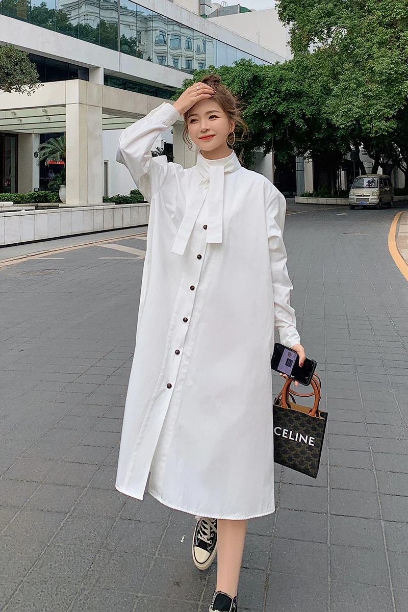 

Women White Shirt Dress Long Sleeve Turtleneck Ribbon Design Plus Size Loose Korean Elegant Spring Autumn Casual Dresses