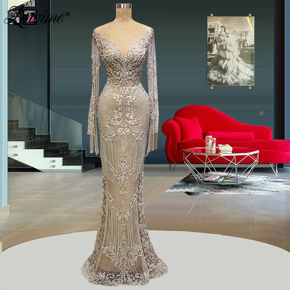 

Lowime Great Gatsby Dubai Robe De Soiree Beading Tassel Evening Dress Luxury Diamonds Long Sleeves Prom Gown Vestidos De Fiesta