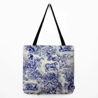 Традиционный французский мотив, холст De Jouy, темно-синяя модная сумка-шоппер, водонепроницаемая льняная большая сумка для покупок через плечо