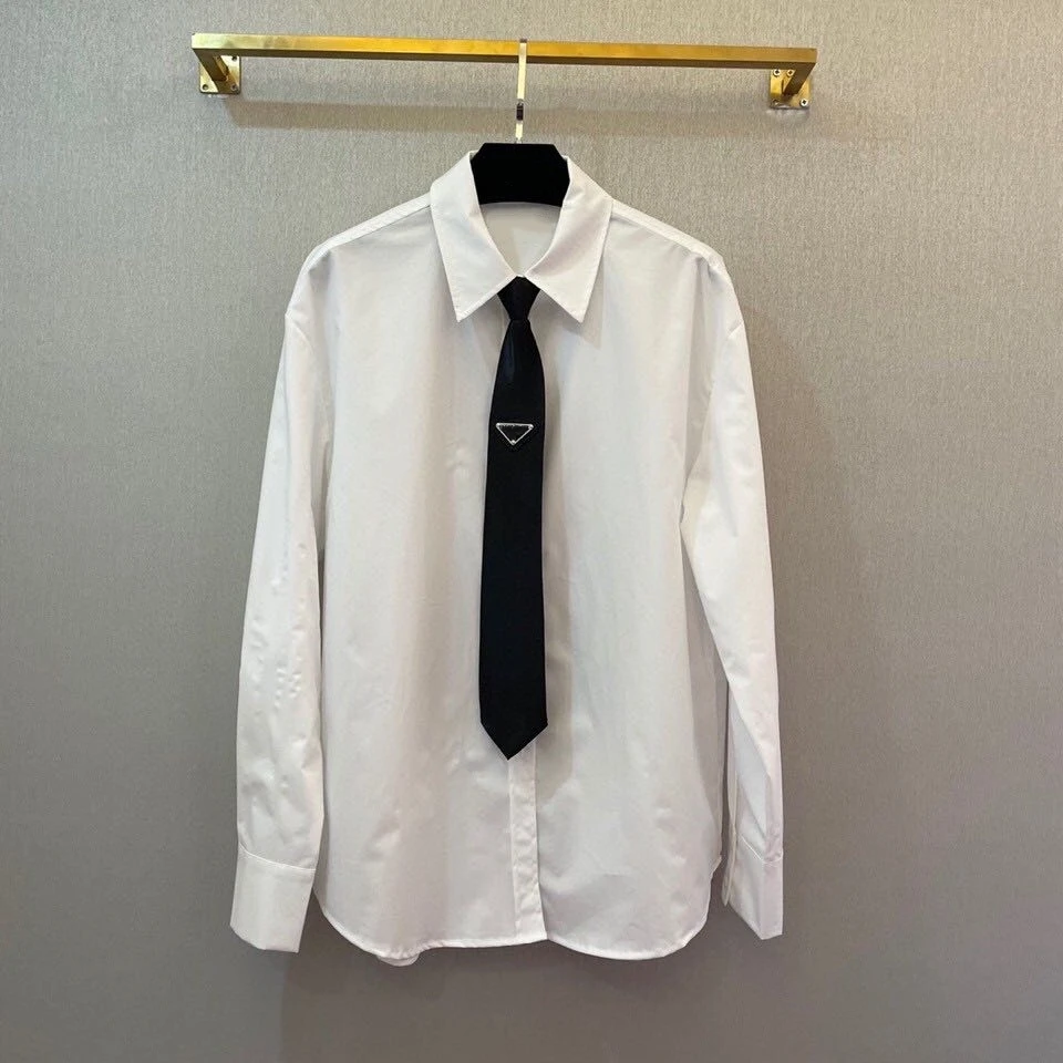 

Women's shirt 2021 early spring new arrival black fashion tie white short-sleeved casual top ladies