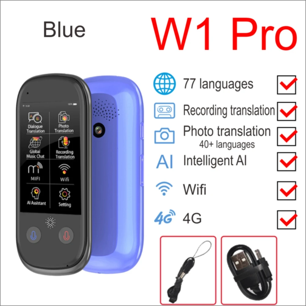 w1 pro Blue Boeleo global smart AI переводчик голоса мгновенный портативный vidro bateria несколько языков multilingue de voyage de voz одновременно - Цвет: w1 pro Blue