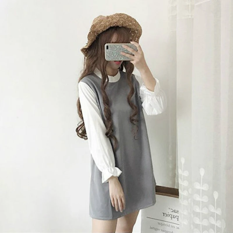 

Long Sleeve Dress Women Patchwork Plus Size 3XL Fake Two Piece Casual Students Mini Preppy Style Ulzzang Harajuku Lovely Dresses
