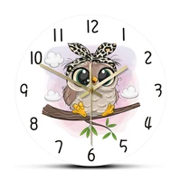 cartoon owl wall clock digital art print painting owl bird animal wall art home decor kids living room clock silent non ticking