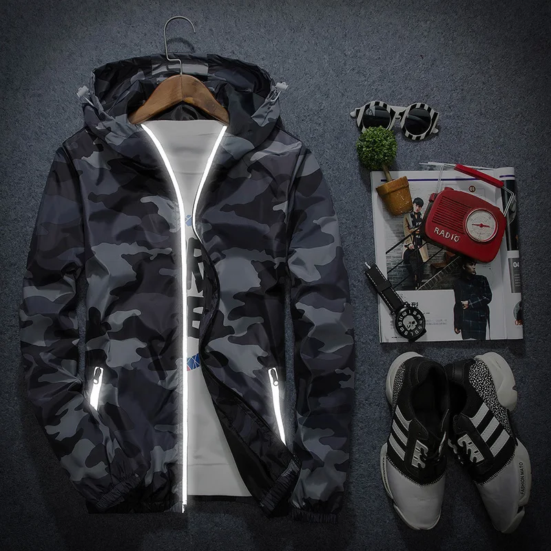Мужская камуфляжная ветровка на молнии с капюшоном|slim fit windbreaker|camouflage jackets mencamouflage