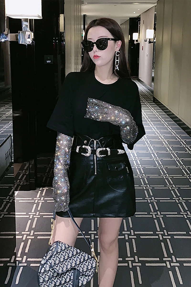 

Bling Bling Faux Two Piece Long Sleeve Women T-shirts New Spring Autumn All-match O Neck Female Pullovers Top Black Tshirts