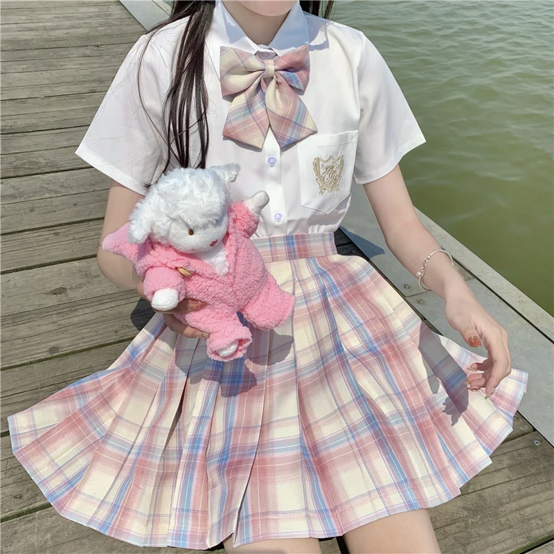 

School Girl Uniform Pleated Skirts Japanese Student Junior High Waist A-Line Plaid Skirt Sexy JK Uniforms for Woman Full Set
