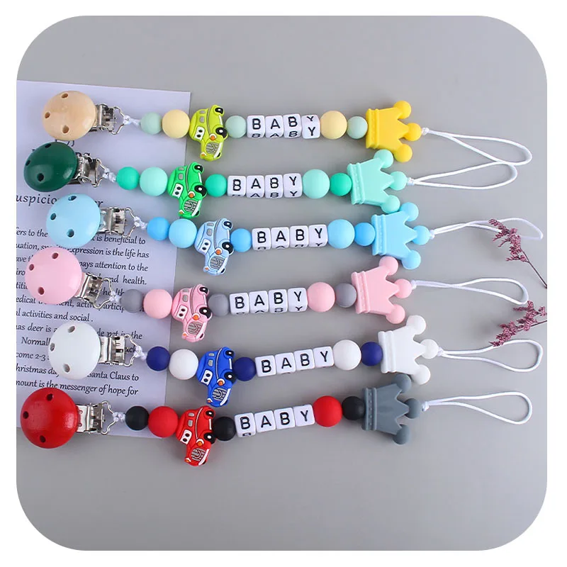 Kissteether-Cadena de chupete de silicona para beb&eacute;, amuletos de corona de coche, cuentas de silicona, mordedor Molar, juguete, cadena de chupete, soporte de Clip-2